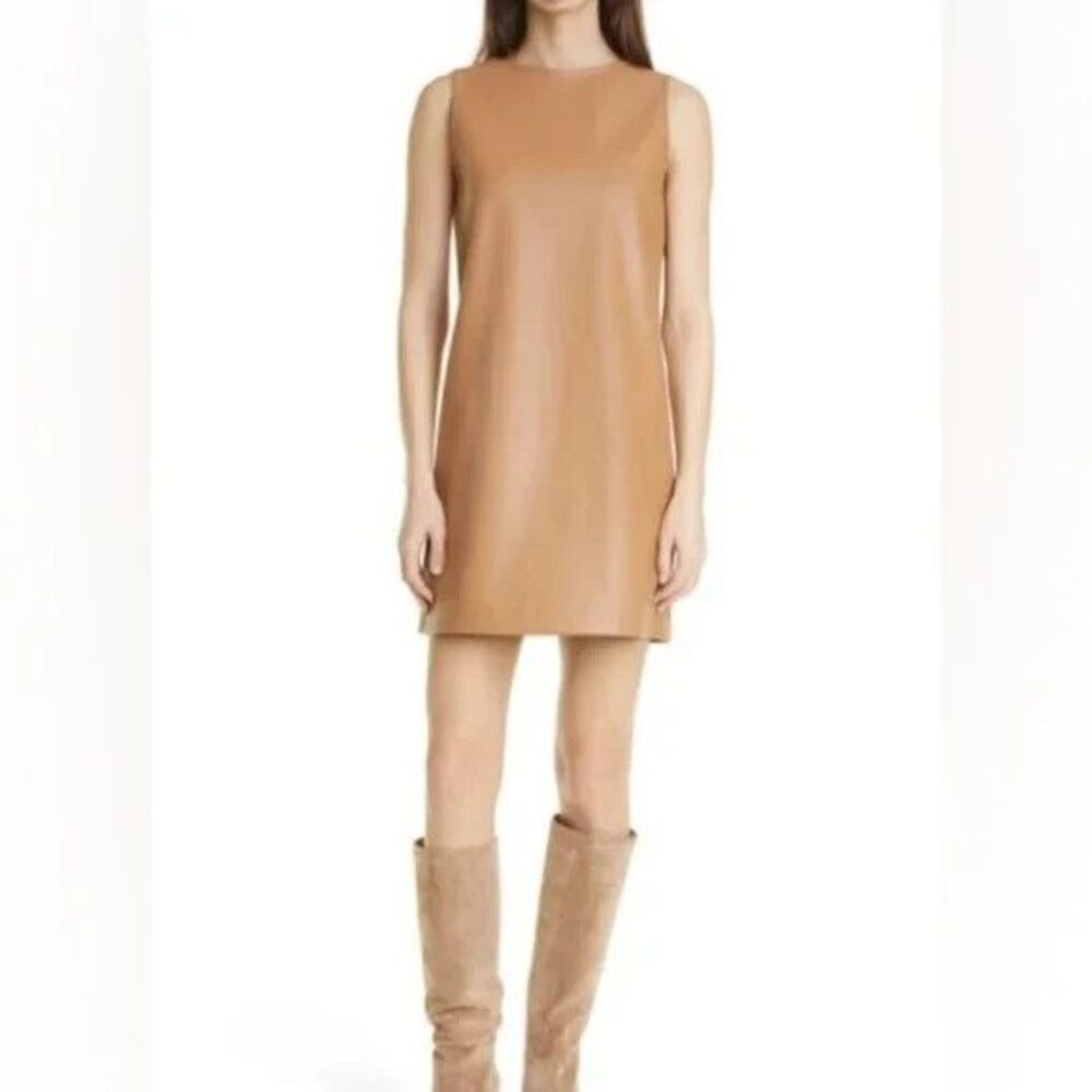 NWOT~Women's THEORY Tan Faux Leather Mod Sleeveless Shift Dress 6 - Picture 2 of 11